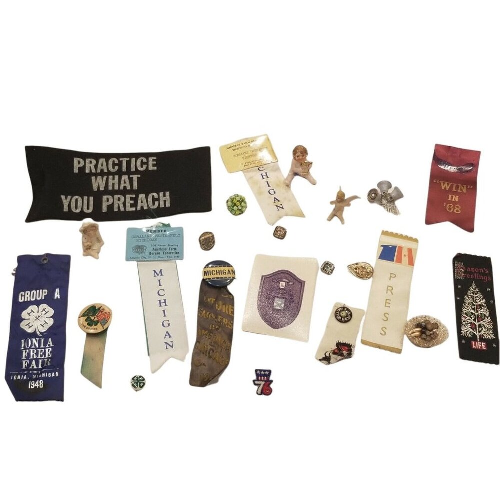 Pins Brooches Ribbons Figurines Collectables 40s Estate Junk Drawer Lot Vintage